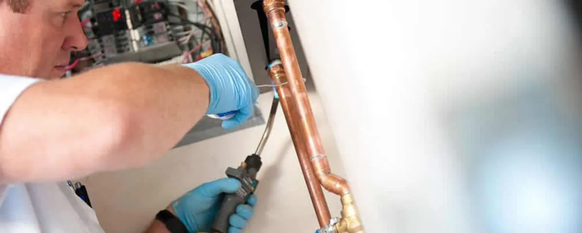 Water heater repair technician testing copper pipe connections and controls in San Mateo, CA